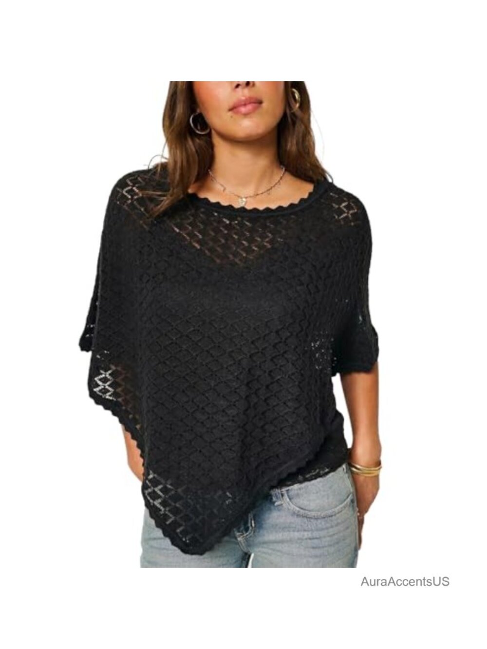 Womens Crochet Batwing Sleeve Poncho Scalloped Trim Off Shoulder Hollow Out